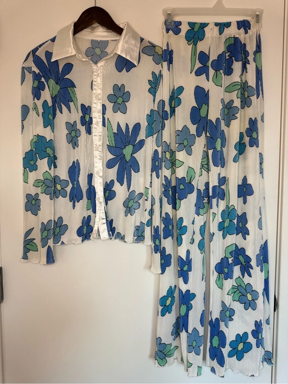 Retro Blue Floral Pleated Blouse Skirt Matching Set Festival Boho Hippie Groovy